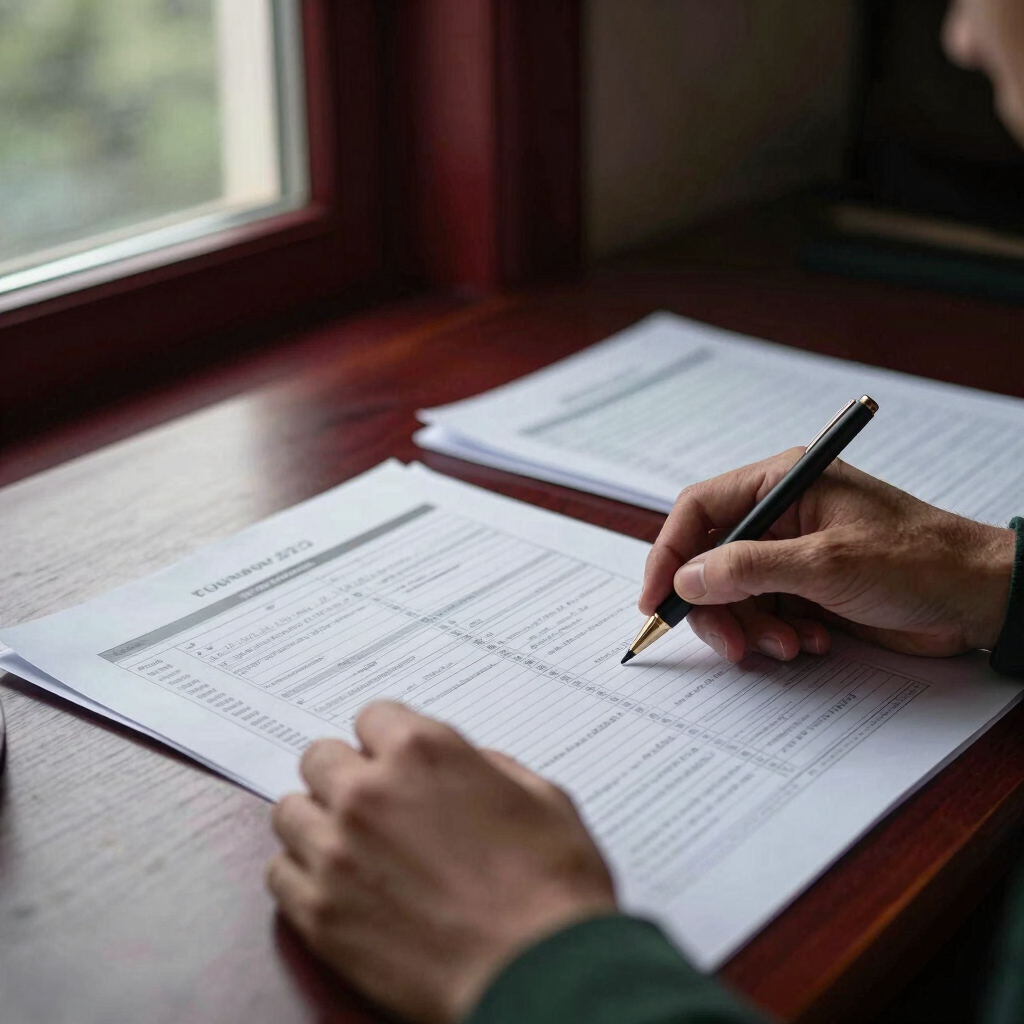 Mãos analisando planilhas financeiras e documentos jurídicos sobre mesa de madeira escura